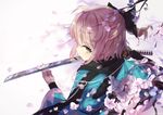  ahoge bad_id bad_pixiv_id black_scarf blonde_hair bow cherry_blossoms commentary_request fate_(series) from_above from_behind green_eyes hair_bow highres holding holding_sword holding_weapon japanese_clothes katana kimono koha-ace looking_at_viewer okita_souji_(fate) okita_souji_(fate)_(all) parted_lips petals reflection sakurano_shiyue scarf short_hair solo sword weapon 