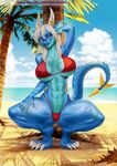  2017 abs alanscampos anthro bra camel_toe claws clothing dragon female fin green_eyes hi_res horn muscular muscular_female sand sea smile smirk solo thong tree underwear water 