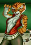  breasts clothing feline female fur invalid_tag kung_fu_panda mammal markings master_tigress muscular navel nipples open_mouth orange_eyes orange_fur sacrificabominat shirt stripes teeth tiger yellow_scalera 