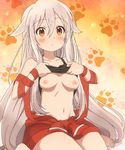  1girl animal_ears bare_shoulders blush breasts chiya_(urara_meirochou) groin hair_between_eyes lifted_by_self long_hair looking_at_viewer midriff navel nipples red_eyes shirt_lift silver_hair sitting small_breasts solo stomach tank_top urara_meirochou very_long_hair 