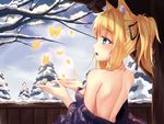  animal_ears aoi_(buzhuen444) bare_back black_ribbon blonde_hair breasts bug butterfly dog_days eyebrows_visible_through_hair fox_ears hair_ribbon highres insect medium_breasts ponytail ribbon sideboob snow solo upper_body yukikaze_panettone 