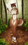  2017 anthro big_breasts bikini blue_eyes bra breasts brown_fur brown_hair canine clothed clothing female forest fur hair jewelry knife looking_at_viewer mammal navel necklace outside paintchaser solo swimsuit tree underwear white_feather wide_hips wolf 