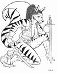  2017 anthro boots breasts cleavage clothed clothing costume dame_freedom david_a_cantero dual_wielding feline female fluffy fluffy_tail footwear fur gloves hi_res high_heels holding_object holding_weapon hybrid looking_at_viewer mammal mask melee_weapon monochrome on_one_knee ponytail shoes skunk solo striped_fur stripes sword tiger tight_clothing weapon 