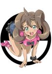  1girl all_fours bent_over blush breasts brown_hair dark_skin green_eyes happy high_heels looking_at_viewer pink_shirt pokemon pokemon_(game) pokemon_xy quad_tails ribbon sana_(pokemon) short_shorts short_sleeves shorts simple_background solo twintails washizuka_shou white_background 