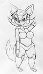  2016 animatronic anthro barely_visible_genitalia black_and_white breasts canine female five_nights_at_freddy&#039;s five_nights_at_freddy&#039;s_2 fox half-closed_eyes hand_behind_head inkyfrog looking_at_viewer machine mammal mangle_(fnaf) monochrome nude pussy robot shortstack simple_background smile solo standing subtle_pussy traditional_media_(artwork) video_games white_background 