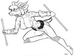  2017 action_pose antelope anthro boots breasts clothing costume david_a_cantero ear_piercing female footwear gloves hair high_heels holding_object horn impala inner_ear_fluff mammal mask monochrome piercing running shoes short_hair solo staff star_avenger tight_clothing 