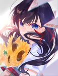  absurdres bangs black_hair blue_eyes blurry collared_shirt commentary_request depth_of_field eyebrows_visible_through_hair floating_hair flower from_side hair_between_eyes hair_ribbon highres holding holding_flower letter light_rays long_hair looking_at_viewer miwano_ragu official_art original parted_lips red_ribbon ribbon school_uniform shirt short_sleeves solo sunbeam sunflower sunlight tsuishin_soragoto_ni_hohoenda_kimi_e upper_body white_shirt 