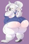  anthro blush butt canine clothing female fur hair looking_back mammal obese overalls overweight solo standing tweedabop 