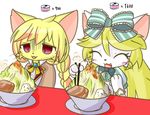  2girls artist_request blonde_hair cat cat_busters character_request eyes_closed food furry long_hair multiple_girls open_mouth red_eyes 