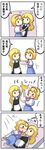  4koma alice_margatroid apron blonde_hair blush bow braid capelet comic hairband highres kirisame_marisa long_hair multiple_girls no_hat no_headwear potaaju short_hair single_braid sweat touhou translated waist_apron 