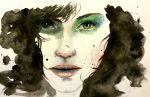  bangs black_hair commentary emily_clark english_commentary eyelashes green_eyes highres lips looking_at_viewer nose original parted_lips solo traditional_media watercolor_(medium) 