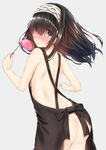  absurdres apron ass back black_hair blue_eyes chestnut_mouth commentary_request go-1 grey_background hairband highres holding idolmaster idolmaster_cinderella_girls ladle long_hair looking_at_viewer looking_back naked_apron parted_lips sagisawa_fumika simple_background solo 