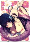  2014 absurdres artist_name bangs barefoot bikini black_hair blue_bikini blue_eyes blunt_bangs blush breasts collarbone floral_background flower hair_ornament hibiscus highres ikawa_waki innertube long_hair looking_at_viewer mahouka_koukou_no_rettousei medium_breasts official_art scan shiba_miyuki solo swimsuit untied untied_bikini wardrobe_malfunction 