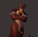  2017 abs anthro arm_markings biceps biped black_eyes black_fur black_lips black_markings black_nose black_penis brown_clothing brown_fur brown_tail brown_topwear chest_markings clothed clothing countershade_face countershade_torso countershading crossed_arms digital_media_(artwork) eyebrows eyewear flaccid front_view fur glasses grey_background humanoid_penis kramer_orett lips looking_at_viewer male mammal markings multicolored_fur muscular muscular_male mustelid open_shirt otter partially_clothed pecs penis portrait raised_eyebrow shirt signature simple_background solo standing tan_countershading tan_fur three-quarter_portrait uncut whiskers zomacaius 