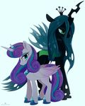  2017 blue_eyes blue_hair changeling crown duo equine eyelashes eyeshadow feathered_wings feathers female feral flurry_heart_(mlp) friendship_is_magic green_eyes hair hi_res hole_(anatomy) hooves horn insect_wings looking_at_viewer makeup mammal momomistress multicolored_hair multicolored_tail my_little_pony queen_chrysalis_(mlp) simple_background two_tone_hair winged_unicorn wings 