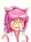  animal_ears beyblade blush cat_ears emily_clark fangs open_mouth pink_hair revision shiny shiny_hair shirt simple_background sleeveless sleeveless_shirt slit_pupils solo teeth traditional_media watercolor_(medium) white_background white_shirt yellow_eyes 