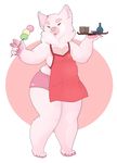  anthro apron beverage canine clothing female food mammal obese open_mouth overweight simple_background solo standing tweedabop 