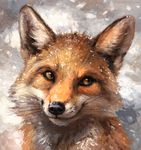  2017 ambiguous_gender black_eyes brown_sclera canine feral fluffy fox front_view fur headshot_portrait inner_ear_fluff kenket looking_away mammal orange_fur painting_(artwork) portrait smile snow solo traditional_media_(artwork) white_fur 