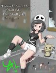  1girl alternate_costume beanie black_hair breasts broken_glass english female_protagonist_(pokemon_sm) full_body half-closed_eyes highres legs mimikyu necklace open_mouth outdoors pokemon pokemon_(game) pokemon_sm rain shoes short_hair shorts sitting solo tank_top team_skull team_skull_(cosplay) text thigh_strap wristband 