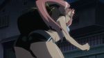  1girl animated animated_gif ass bouncing_breasts breasts cleavage glasses highschool_of_the_dead large_breasts midriff mound_of_venus navel pink_hair takagi_saya 