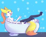  2017 3_toes 4_fingers ambiguous_gender bath bathing bathtub black_fur blue_background braixen braixen_vesta_(kitsunekotaro) bubble bubble_bath canine chest_tuft digital_media_(artwork) dipstick_tail fur inner_ear_fluff kitsunekotaro looking_at_viewer lying mammal multicolored_tail nintendo on_back open_mouth orange_nose pink_eyes pok&eacute;mon semi-anthro simple_background smile solo teeth toes tongue tuft v_sign video_games water wet white_fur yellow_fur 