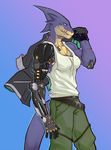  anthro clothed clothing cybernetics faint female lizard machine muscular reptile scalie scar solo standing teeth 