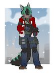  anthro canine clothed clothing eyewear faint fur glasses gun hair knee_pads male mammal outside ranged_weapon rifle snow solo standing weapon 
