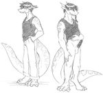  2005 anthro bottomless clothed clothing dragon erection male monochrome penis reiger_(character) salamander_(artist) scalie solo traditional_media_(artwork) 