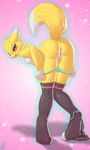  2017 anthro anus blush butt clothing digimon female fur green_eyes hi_res legwear licking licking_lips presenting presenting_hindquarters pussy renamon rysonanthrodog skirt solo stockings tongue tongue_out yellow_fur 