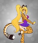  2017 amber_eyes anthro black_fur black_lips black_nose black_pawpads blonde_hair bracelet butt cheetah clothed clothing dress feline female fur glass hair hi_res hindpaw jewelry lips long_hair looking_at_viewer mammal panties pawpads paws scorpdk short_dress skimpy smile solo spots standing teeth underwear yellow_fur 