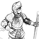  anthro armor black_and_white cat cat_knight feline female helmet hladilnik mammal melee_weapon monochrome scar solo sword weapon 