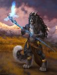  4_toes 5_fingers anthro black_lips blue_eyes day detailed_background digitigrade feline fur grass grey_fur grey_hair hair holding_object holding_weapon male mammal outside saber-toothed_cat sky solo staff standing teeth toes weapon wolnir 