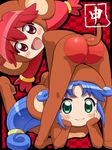  animal_costume animal_ears ass awa black_border blue_hair blush_stickers border checkered checkered_background chin_rest fine fushigiboshi_no_futago_hime green_eyes long_hair looking_at_viewer looking_back lying monkey_costume monkey_ears monkey_tail multiple_girls on_stomach red_eyes red_hair rein smile tail twintails 