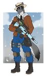  anthro canine clothed clothing faint fur gun hair hat male mammal outside ranged_weapon rifle snow solo standing weapon 