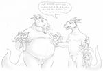  2004 anthro balls belly canine clothed clothing dialogue dragon duo english_text humor male mammal nude overweight penis salamander_(artist) scalie slightly_chubby standing text vore 