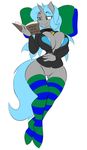  2016 anthro blue_hair book bottomless clothed clothing collar equine fan_character female green_eyes hair hoodie horn jrvanesbroek legwear lipstick lying makeup mammal my_little_pony pillow pussy socks solo unicorn 