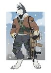  anthro canine clothed clothing faint fur gun looking_at_viewer male mammal open_mouth outside ranged_weapon rifle snow solo standing weapon 