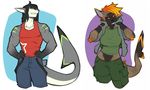  anthro canine clothed clothing duo faint female fish hybrid looking_at_viewer male mammal marine muscular shark smile standing teeth 