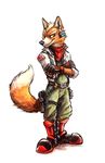  anthro boots canine clothed clothing crossed_arms earpiece footwear fox fox_mccloud gun handgun kenket male mammal nintendo pistol ranged_weapon simple_background smile solo standing star_fox video_games weapon white_background 