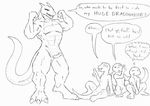  anthro anus balls dialogue dragon english_text erection flexing group humor lizard muscular nude penis reptile salamander_(artist) scalie size_difference small_penis standing text thought_bubble 