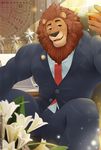  2017 anthro black_nose brown_eyes brown_hair bulge clothing computer desk detailed_background disney feline flower front_view hair holding_object leodore_lionheart lion long_hair male mammal map mumu202 muscular muscular_male necktie open_mouth pants phone plant pose selfie sitting solo spread_legs spreading suit teeth tongue whiskers zootopia 