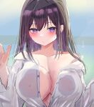  1girl absurdres against_glass bad_id bad_pixiv_id bangs blush breast_press breasts brown_hair chinese_commentary cleavage closed_mouth collarbone collared_shirt commentary_request covered_nipples dress_shirt eyelashes hair_between_eyes heart heart-shaped_pupils highres large_breasts long_hair long_sleeves looking_at_viewer lshiki open_clothes open_shirt original purple_eyes revision shirt sidelocks symbol-shaped_pupils upper_body white_shirt 