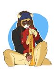  anthro balls bottomless clothed clothing dreadlocks erection faint humanoid_penis looking_at_viewer male mammal musical_instrument penis solo tanuki trumpet 