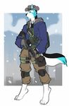  anthro canine clothed clothing faint fur gun hair hat male mammal open_mouth ranged_weapon rifle snow solo standing weapon 