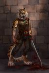  anthro barefoot black_lips blue_eyes digitigrade feline fur holding_object holding_weapon male mammal melee_weapon orange_fur solo standing striped_fur stripes sword teeth tiger weapon whiskers wolnir 