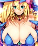  &gt;:) bare_shoulders blonde_hair blush_stickers breasts choker cleavage closed_mouth collarbone commentary_request covered_nipples dark_magician_girl duel_monster green_eyes hair_between_eyes hat huge_breasts long_hair looking_at_viewer pentacle smile solo tsukasawa_takamatsu upper_body v-shaped_eyebrows wizard_hat yuu-gi-ou 