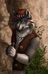  5_fingers anthro black_lips black_nose blue_hair canine clothed clothing detailed_background fur green_eyes grey_fur hair looking_at_viewer male mammal solo wolnir 