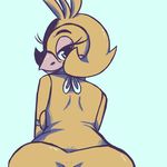  2016 animatronic anthro avian bedroom_eyes bird blue_background breasts butt chicken female five_nights_at_freddy&#039;s five_nights_at_freddy&#039;s_2 half-closed_eyes inkyfrog looking_at_viewer looking_back machine presenting presenting_hindquarters rear_view robot seductive simple_background solo toy_chica_(fnaf) video_games 
