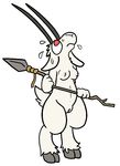  2016 anthro breasts caprine clothing female goat holding_object holding_weapon mammal melee_weapon nervous polearm pussy solo spear standing sweat trout_(artist) weapon 
