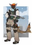  anthro canine clothed clothing faint fish gun hybrid looking_at_viewer male mammal marine outside ranged_weapon rifle shark snow solo standing weapon 